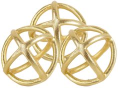 two gold toned metal rings on a white background, one is shaped like an interlocked ball