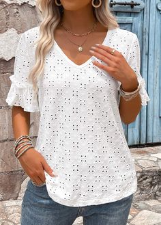 Non-stretch Ruffled Short Sleeve Tops, V Neck, White, T Shirt