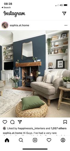 a living room with blue walls and furniture