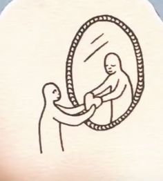 a drawing of a person holding a baby in front of a mirror