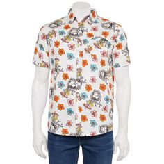 Show off your unique style with the funky all-over print of this Men's Retrofit Short Sleeve Button-Down Shirt. Click on this MEN'S GUIDE to find the perfect fit and more! Show off your unique style with the funky all-over print of this Men's Retrofit Short Sleeve Button-Down Shirt. Click on this MEN'S GUIDE to find the perfect fit and more! FEATURES Button closure Short sleeves 1 chest pocketFIT & SIZING Classic fitFABRIC & CARE Cotton Machine wash Imported Color: White. Gender: male. Age Group Fitted White Printed Camp Shirt, Multicolor Print Cotton Button-up Shirt, Printed White Cotton Camp Shirt, White Printed Cotton Camp Shirt, White All Over Print Camp Shirt For Spring, Spring White Camp Shirt With All Over Print, Fitted Multicolor Camp Shirt With Graphic Print, Fitted Multicolor Graphic Print Camp Shirt, White Button-up Shirt With All Over Print