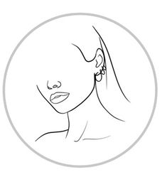 a line drawing of a woman's face with long hair in a round frame