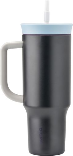 a black cup with a blue lid and handle is shown in front of a white background