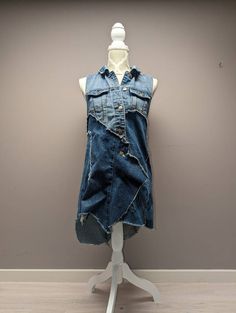 "Upcycled long denim vest with frayed seams and jagged hem. Bust measures 32\". Length varies from 29\" to 36\"." Long Denim Vest, Jean Styles, Deconstructed Denim, Patchwork Vest, Jeans Diy, Recycle Clothes, Denim Patchwork, Denim Vest, Womens Vest