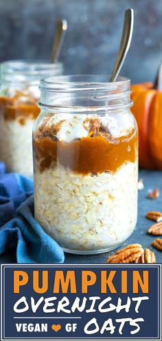 pumpkin overnight vegan oatmeal in a glass jar with spoons on top