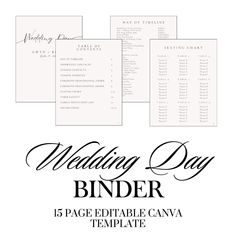 the wedding day binder is shown in black and white, with five different font styles