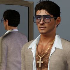 a man with glasses and a cross necklace standing in front of a mirror