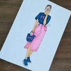 a drawing of a woman in pink skirt holding a blue purse and looking at her cell phone