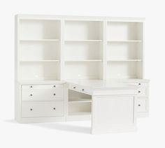 a white desk and bookcase with drawers