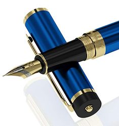 a blue fountain pen with gold trim and black nib