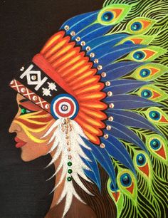 a painting of a woman with feathers on her head and eyes painted in bright colors