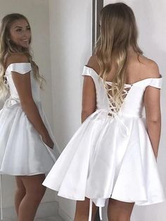 Knee Length Off Shoulder Sleeve White Homecoming Dress sold by Sancta Sophia on Storenvy Simple Prom Dress Short, Hoco Dress Ideas, Simple Homecoming Dresses, Prom Dresses Cheap, Graduation Party Dresses, Mini Prom Dresses, Dresses Short Prom, Mini Homecoming Dresses, Homecoming Ideas