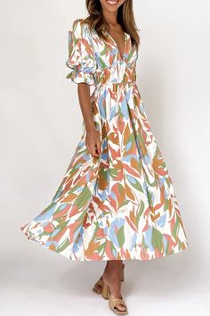 Casual Print Patchwork V Neck Cake Skirt Dresses Spring Maxi Dress With Full Skirt, Floral Print Full Skirt Dress For Spring, Multicolor Non-stretch Midi Dress For Spring, Non-stretch Multicolor Midi Dress For Spring, Flowy Midi Dress For Fall, Beige Flowy Skirt Dress For Brunch, Beige Flowy Dress For Brunch, Multicolor Non-stretch Midi Dresses, Retro Midi Dress For Brunch