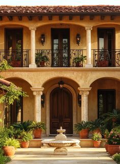 a large house with lots of potted plants in front of it and a fountain