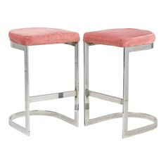 a pair of stools with pink velvet upholstered seats on chrome bases, set of 2