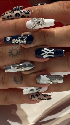 Letter Charms On Nails, Cross Charms Nails, Funky White Nails, Nail Inspo Alternative, Simple Charm Nails, Mismatched Nails Color Schemes, Tate Mcrae Nails, Nail With Cross, Street Wear Nails