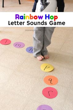 a child standing on the floor with letters in front of them and an image of a rainbow hop letter sounds game