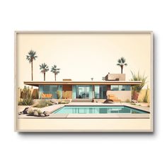 a house with a pool and palm trees in the back ground, on a white background