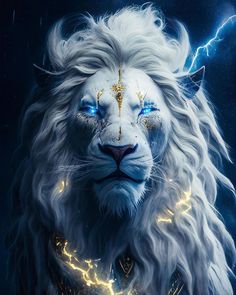 a white lion with blue eyes surrounded by lightning