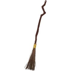 a broom with long brown hair on it's end and a yellow handle is in the foreground