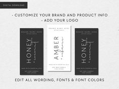 three business cards with the words, customize your brand and product info