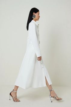 Tailored Compact Stretch Belted Shirt Dress | Karen Millen Formal Button-up Dresses With Belted Cuffs, Classic Belted Shirt Dress For Semi-formal Occasions, Elegant Long Sleeve Pleated Belted Dress, Collared White Midi Dress For Work, White Collared Midi Dress For Work, Elegant A-line Shirt Dress With Button Closure, Chic Belted Dress With Buttons, Elegant White Belted Shirt Dress, Elegant Maxi Dress With Button Closure For Work