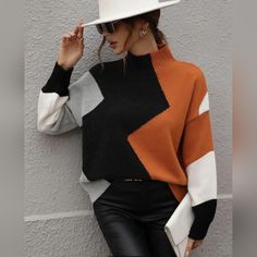 Eye-Catching Color Design Turtleneck Sweater Is A Cozy Knit Perfect For Styling Tucked In Or Untucked! Black, Cream, Light Gray, And Dark Orange In Perfect Harmony Casual Turtleneck, Colour Blocking, High Neck Sweater, Drop Shoulder Sweaters, Cardigan Long, Round Neck Sweaters, Pullover Sweater Women, Mock Neck Sweater, Winter Sweaters