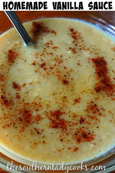 homemade vanilla sauce in a glass bowl with cinnamon sprinkles on the top