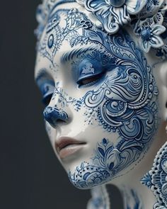 a woman with blue and white face paint