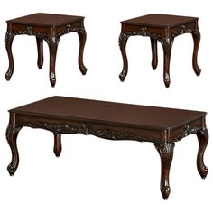 three tables and two end tables with carvings on the top, one in dark wood