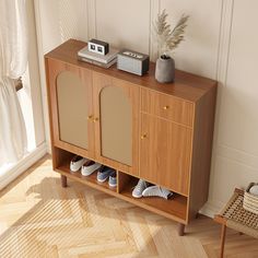 This shoe cabinet is one of the best creations, compact and well designed. Its doors are designed as rattan doors with walnut veneer to suit a variety of color schemes. It has over 4 levels and 3 doors as well as 1 drawer, providing enough space for your shoes and other accessories. This shoe cabinet is a must-have for fresh style and practical storage. Shoes of all shapes and sizes can be easily stored inside, including heels, sneakers, flats and more.- You can store your precious shoes safely Shoe Cabinet Console Entryway, Foyer Ideas Entryway Shoe Cabinet, Shoe Entrance Storage, Home Entrance Shoe Storage, Small Space Shoe Storage Ideas, Shoes Drawer Storage, Aesthetic Shoe Storage, Shoe Rack Ideas Entryway Front Door, Shoes Cabinet Design