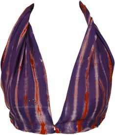 This halter-style bralette top is crafted from a soft, breathable rayon, ideal for comfortable wear.  It features a distinctive purple tie-dye pattern that lends a unique and artistic touch to the design, suitable for a bohemian aesthetic. #tlb #vacationclothing #beachwrap #TieDye #Handmade #tiedyetop Purple Halter Neck Crop Top, Fitted Purple Halter Top For Festivals, Purple Triangle Halter Top For Spring, Purple Tunic, Beige Boho, Hippie Look, Halter Bralette, Bohemian Aesthetic, Trendy Skirts