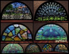 several stained glass windows with different shapes and sizes, all showing the same color scheme