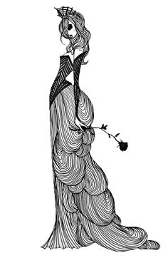 a black and white drawing of a woman holding a rose