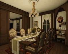 a large dining room with wooden floors and white walls, along with an ornate chandelier hanging from the ceiling