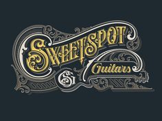 the logo for sweet spot guitars, which has been drawn in gold and black ink