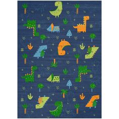 a blue rug with dinosaurs and trees on it