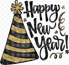 a black and gold happy new year card with a party hat on the top of it