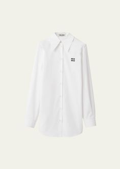 Get free shipping on Miu Miu Logo Poplin Button Down Shirt at Bergdorf Goodman. Shop the latest luxury fashions from top designers. Miu Miu T Shirt, Miumiu Clothes, Miu Miu Logo, Cotton Poplin Shirt, Poplin Shirt, Logo Embroidery, Bergdorf Goodman, Embroidery Logo, Top Designers