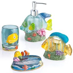 Under the Sea Resin 4-Piece Bathroom Accessory Set - Allure Home Creation Sea Bathroom Ideas, Sea Theme Bathroom, Sea Themed Bathroom, Under The Sea Bathroom, Ocean Bathroom Decor, Seashell Bathroom, Ocean Themed Bathroom, Fish Bathroom, Ocean Bathroom