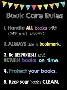 a poster with the words book care rules in different colors and font on black background