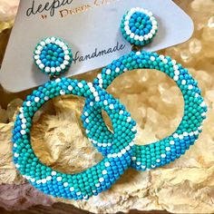 Gorgeous, One Of A Kind Beaded Hoop Earrings In Lush Turquoise & White Hues By Jewelry Designer Deepa Gurnani, Whose Work Is Often Featured By Anthropologie. Elegant, Lightweight, Guaranteed To Draw Compliments. Pair Them With Your Favorite Boho Tops & Jeans As Well As Dressier Outfits. Designed By Deepa & Handmade According To Her Specifications In India, With Delicate Glass Beads, Post Backs & Vegan Leather Backing. Approx. 2 1/2” Long, 2” Wide. Nwt Blue Beaded Small Hoop Jewelry, Handmade Blue Beaded Small Hoop Earrings, Handmade Blue Beaded Hoop Earrings, Blue Beaded Small Hoop Earrings, Blue Small Hoop Earrings For Summer, Summer Earrings With Large Beads, Blue Beaded Hoop Earrings For Summer, Blue Hoop Beaded Earrings With Tiny Beads, Blue Small Hoop Beaded Earrings For Summer