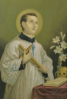 a painting of a man holding a cross in front of a vase with white flowers