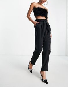 ASOS DESIGN Tall ponte peg pants with paperbag tie waist in black | ASOS Paperbag Waist Pants For Night Out In Spring, Spring Paperbag Waist Pants For Night Out, Chic Paperbag Waist Pants For Night Out, Spring Paperbag Waist Bottoms For Night Out, Spring Night Out Bottoms With Paperbag Waist, Spring Night Out Paperbag Waist Bottoms, Chic Black Tie Waist Pants, Chic Black Pants With Tie Waist, Peg Pants