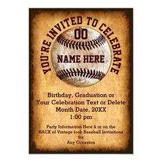 an old baseball birthday party card with the words, you're invited to celebrate