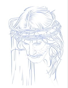 the face of jesus with a crown of leaves on his head, drawn in blue pencil