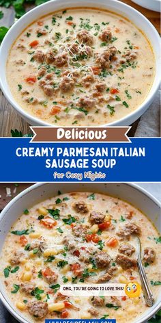 two bowls of creamy parmesan italian sausage soup