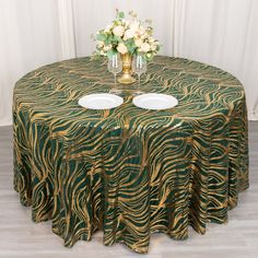 120inch Hunter Emerald Green Gold Wave Mesh Round Tablecloth With Embroidered Sequins Sequin Tablecloth, Sequin Pattern, Table Overlays, Mesmerizing Beauty, Gold Waves, Chair Sashes, Royal Blue And Gold, Mantel Redondo, Lace Tablecloth