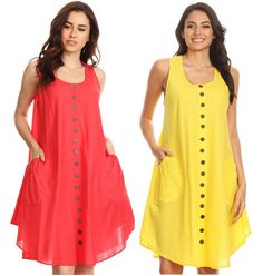 Simple easy to wear sleeveless dress, scoop neck, round pockets  with elastic, decorative buttons at front. This casual dress flares from  bust to hem, half circle hem. Sleeveless Buttoned Sundress For The Beach, Sleeveless Button Sundress For Beach, Sleeveless Button Sundress For Spring, Sleeveless Buttoned Beach Dress, Sleeveless Button Dress For Beach, Sleeveless Beach Dress With Buttons, Sleeveless Dress With Buttons, Sleeveless Button Dresses For Vacation, Sleeveless Vacation Dresses With Buttons