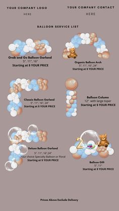 an info sheet showing the different types of balloons